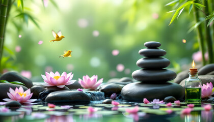 Relaxing spa stones and lit candles with flowers.