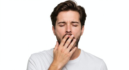Sleepy young man yawning isolated on white background representing fatigue and drowsiness. Generative AI
