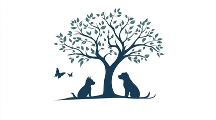 Two dogs sitting under a tree, butterflies nearby; pet loss, remembrance