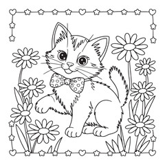Coloring page of a cheerful cat with flowers in a beautiful garden.