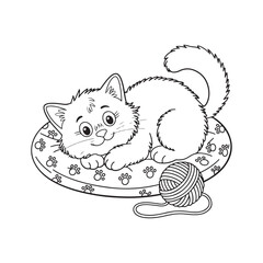 Coloring page with a cute pet cat and a lovely garden of flowers.
