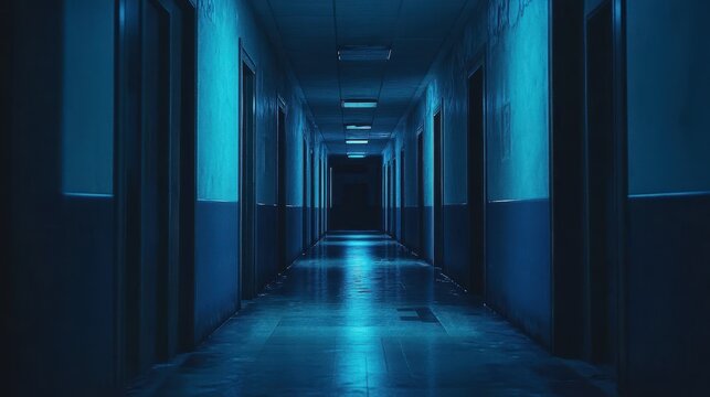 Empty, dark hospital hallway at night