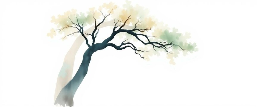 Minimalistisches Aquarell eines eleganten Baumes mit sanften Farbt&ouml;nen auf wei&szlig;em Hintergrund und viel Textfreiraum.