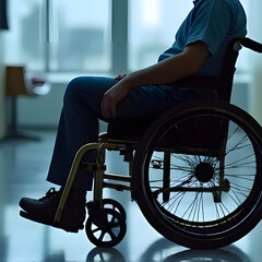 Obraz premium Part of the knee, sitting on a wheelchair in the hospital