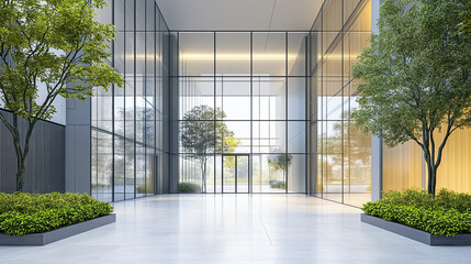 modern minimalist business building entrance with large glass windows and greenery
