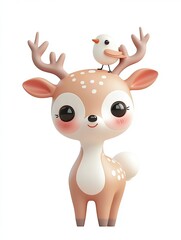 Fototapeta premium Adorable fawn with a tiny bird perched on its head, set against a clean white background. Very cute!