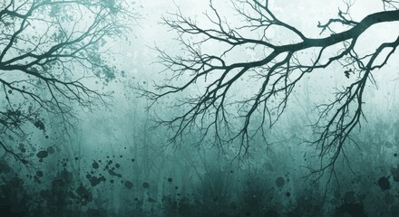Eerie forest scene with bare tree branches silhouetted against a foggy and misty background view