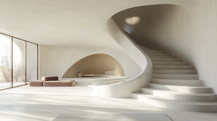 Obraz premium minimalist white concrete interior featuring curved architecture and staircase. serene