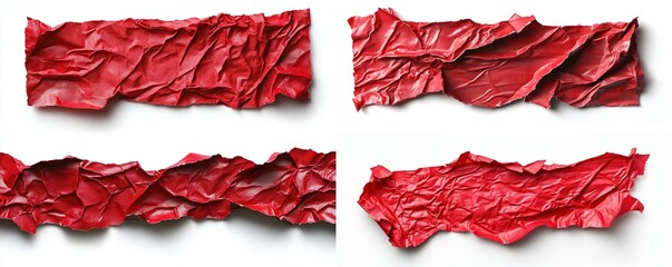 Four red crumpled paper pieces isolated on white background.