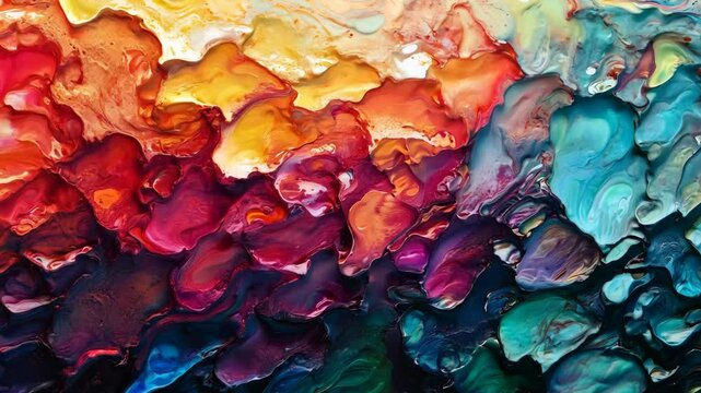 Tactile landscape of thick, vibrant paint melts into hypnotic swirling colors, a flowing masterpiece from warm to cool spectrum; use for artistic backdrops, color therapy visuals, creative process.