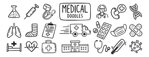 medical health care doodle hand drawn icon set. Outline drawing medical health care items line clipart symbol collection. Outline drawing line clipart symbol collection
