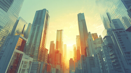Modern cityscape with high rise buildings and warm sunset glow