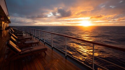 Golden sunset viewed from a luxury cruise ship deck.