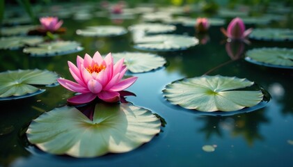 Water lilies forming a floral pattern across a lake's surface, graphic, flower, landscape