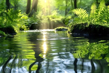 Fototapeta premium A tranquil forest stream with soft ripples reflecting vibrant greenery and distant sunlight.