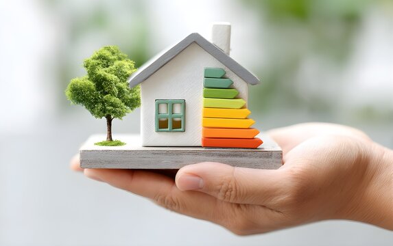 House energy efficiency, energy efficient rating class concept, eco home renovation save cost. Low-consumption ecological house. Hand holding Green Building for Sustainable Development Concept