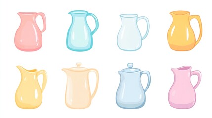 Colorful pitchers, kitchenware, various shapes, white background, cooking, food