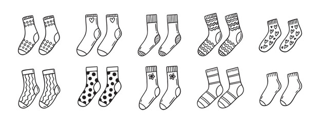 Cute socks doodle hand drawn icon set. Outline drawing cute socks line clipart symbol collection