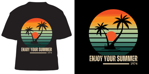 Retro sunset tropical beach t-shirt design with palm trees and summer vibes
