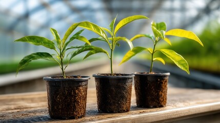 young plants thriving in pots on sunny wooden table in greenhouse. perfect for gardening enthusiasts. lush green leaves symbolize growth, sustainability, and eco-friendly living