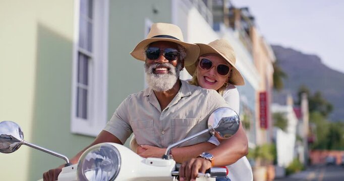 Happy, senior couple and travel with motor bike for riding, adventure and explore on vacation together. City, woman and man with scooter for transport, connection and bonding with smile in marriage