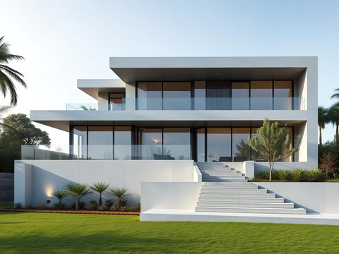 modern luxury villa hotel resort exterior with big swimming pool - Powered by Adobe