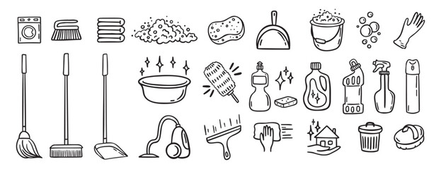 Cleaning kit equipment doodle hand drawn icon set. Outline drawing cleaning inventory, clean tools wash, bucket and mop, spray bottle with detergent cleaner line clipart symbol collection
