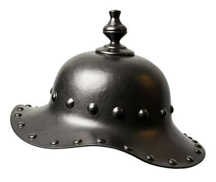 Isolated side profile of a medieval riveted metal kettle hat with a broad flared brim, cleanly cut out on pure white background with margins.

