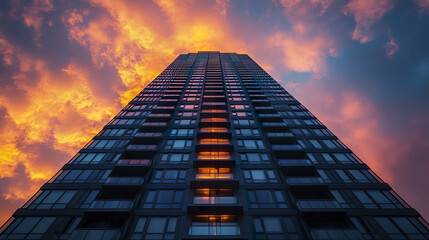 Modern high rise residential tower at golden hour with dramatic sky