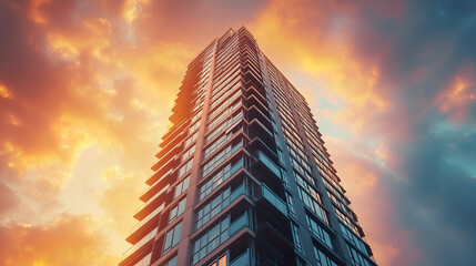 Fototapeta premium Modern high rise residential tower at golden hour with dramatic sky