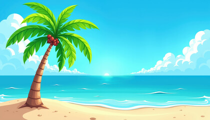 Fototapeta premium A serene beach scene with a lone palm tree and a calm ocean under a clear blue sky, depicted in an illustration.