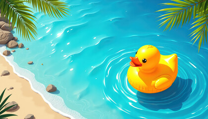 A bright yellow rubber duck floats peacefully in clear turquoise water near a sandy beach lined with palm trees in this illustration.