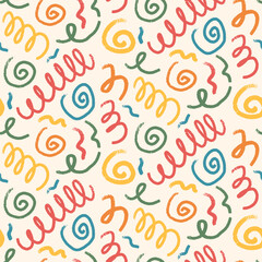Birthday party seamless pattern template. Spirals and swoosh lines geometric party background. Fun confetti repeat covering. Surface pattern design kids holiday motif. Vector hand drawn illustration.