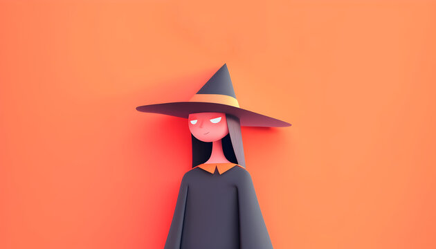 Frau in dunkler Kleidung und spitzhut, eine Hexe vor orangenem Hintergrund