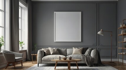 Sophisticated Gray Living Room with Modern Sofa and Large Frame