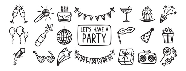 Party event or Birthday doodle icon element doodle hand drawn icon set. Outline drawing party, carnival celebration concept line clipart symbol collection. sketch birthday cake, balloon, decoration