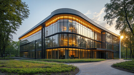 Fototapeta premium Modern office building with glass facade reflecting trees and sunset, creating serene atmosphere
