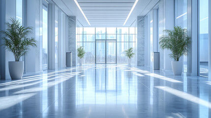 Fototapeta premium modern office hallway with large windows and soft reflections, creating serene atmosphere