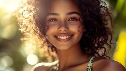 Fototapeta premium A portrait of a beautiful young woman with curly hair, standing confidently in front of a palm tree, smiling brightly at the camera, exuding warmth and charm.