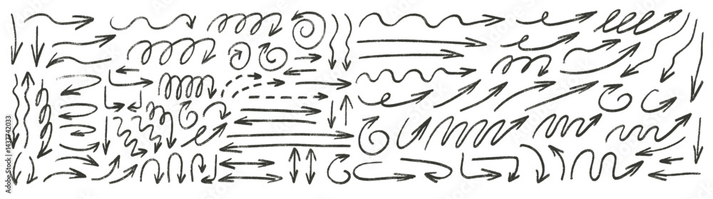 Aufkleber irregular arrows charcoal drawn. straight and curved thin pointers doodle elements set. scribble fre