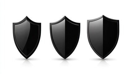 Three black shields; security, protection, privacy; white background; website design