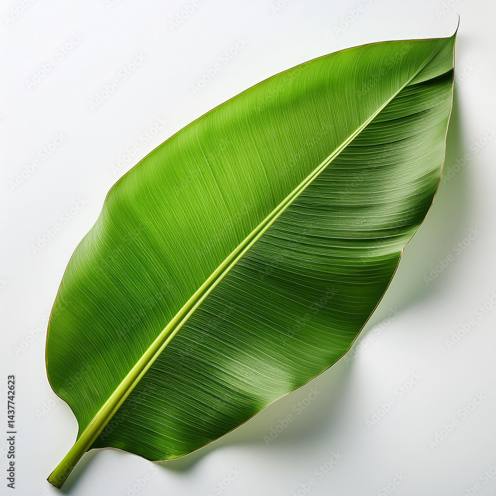 Poster bright green leaf laying flat. a big single palm tree leaf shows detailed texture and smooth edges. 