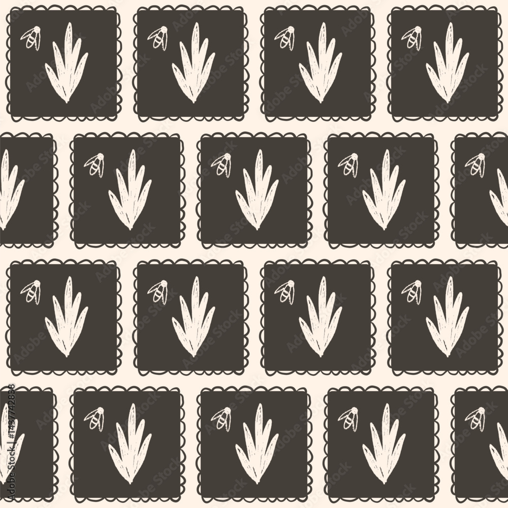 Poster grass seamless pattern. linocut block print floral stencil on vintage frames allover background. rec