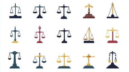 Justice scales icons; law, legal, balance, fairness; white background; website design