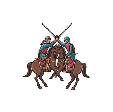 Two cavalary soldiers fghting with sword vector illustration isolated on white. Horseback warriors fighting with sword.