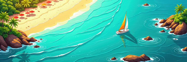 A vibrant illustration of a serene tropical beach with a sailboat gliding through turquoise waters, surrounded by rocky shores and lush palm trees.