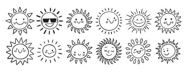 Cute kids sun doodle hand drawn icon set. Outline drawing funny happy smile suns cartoon characters line clipart symbol collection