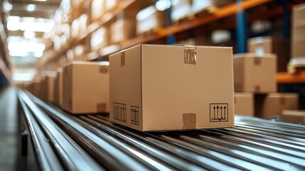 Cardboard Boxes on Conveyor Belt in Modern Warehouse Environment