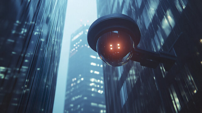 Surveillance camera in foggy urban setting, capturing essence of security and vigilance