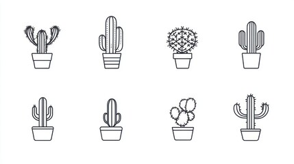 Potted cacti icons; various desert plants; home decor; simple line art; website design